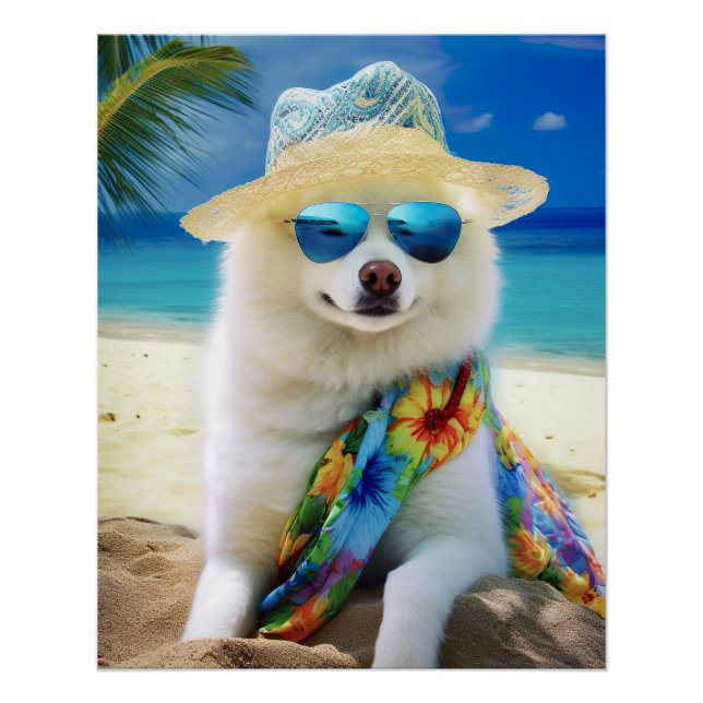 Poster American Eskimo on Beach, cadeau d'été pour amoure (Devant)