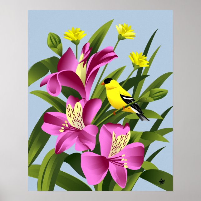 Poster American Goldfinch et Alstroemeria Flower Art (Devant)