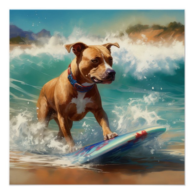 Poster American Staffordshire Beach Surf Peinture (Devant)