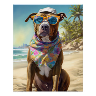 Poster American Staffordshire sur la plage, cadeau d'été