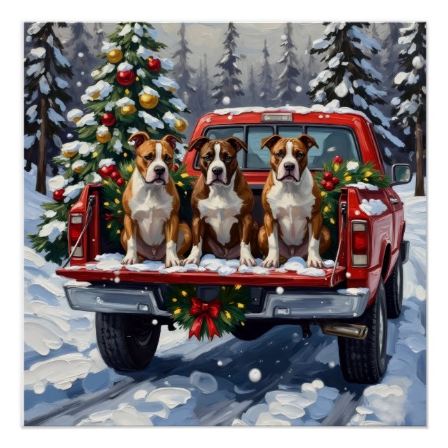 Poster American Staffordshire Terrier Christmas Red Truck (Devant)