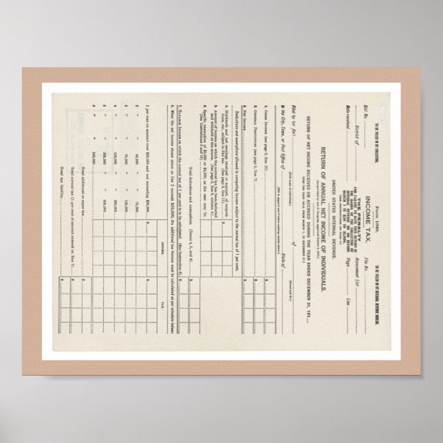 Poster America's First Income Tax Form 1040 (Devant)