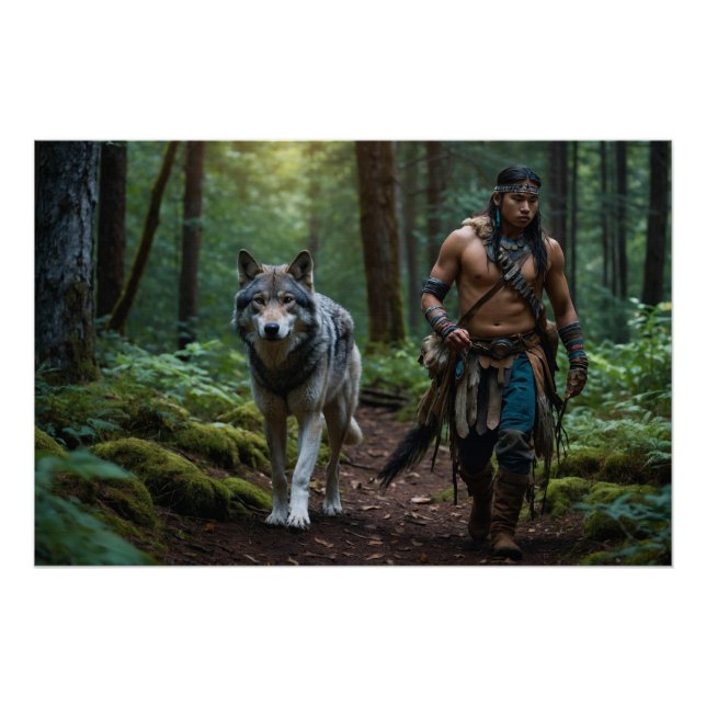 Poster Amérindiens Warrior & Wolf Wildlife Design (Devant)