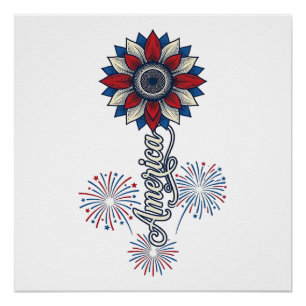 Poster Amérique Patriotique Fleurs Feu d'Artifice Design 