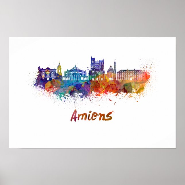 Poster Amiens skyline in watercolor (Devant)