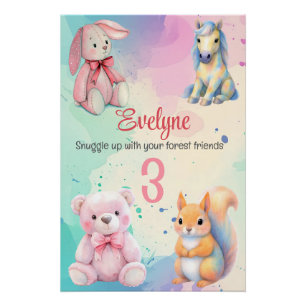 Poster Amis Animaux de la Forêt Peinture à l'Aquarelle Dé