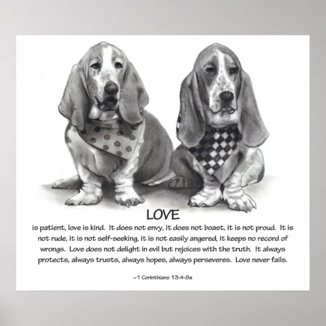 POSTER AMOUR : 1 CORINTHIENS 13 : BASSET HOUNDS, PENCIL (Devant)