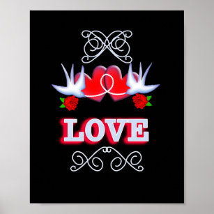 Poster Amour romantique Tatouage Style hirondelle Coeurs 