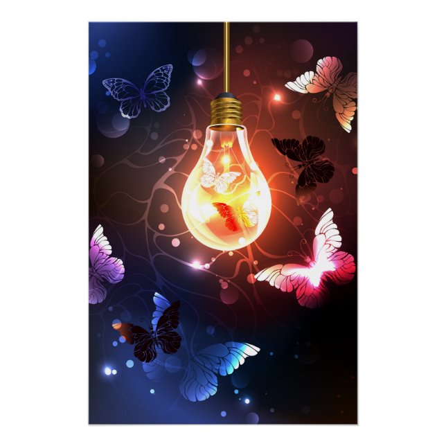 Poster Ampoule lumineuse avec papillons nocturnes (Devant)