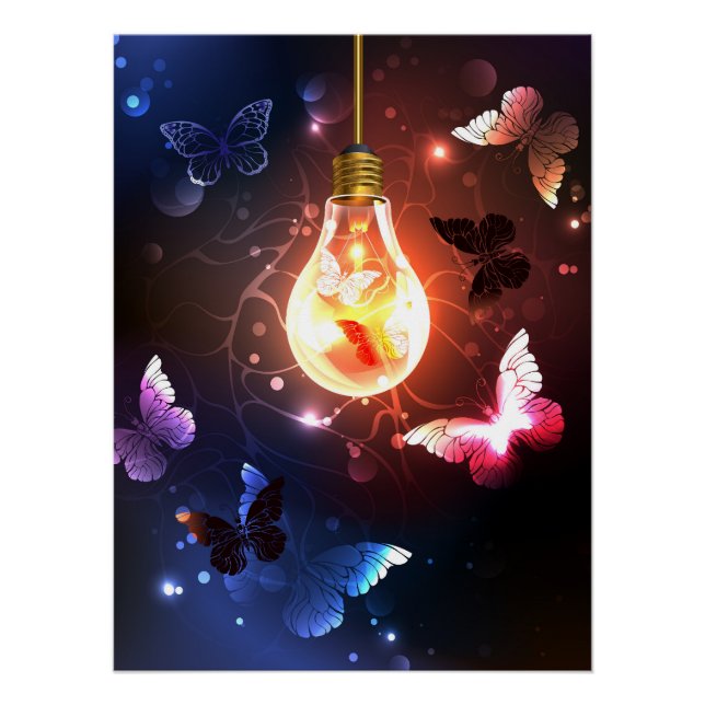 Poster Ampoule lumineuse avec papillons nocturnes (Devant)