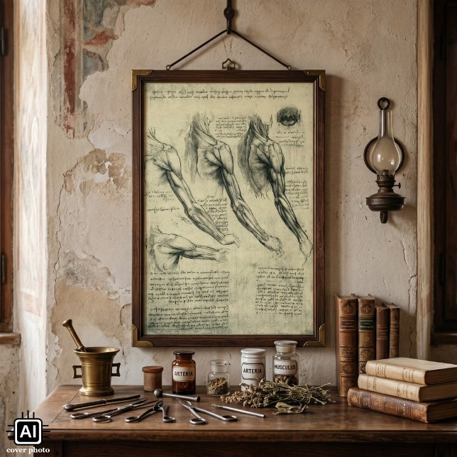 Poster Anatomie du bras et de l'épaule par Léonard de Vin (Arm and Shoulder Muscles by Leonardo da Vinci is a Renaissance Era human anatomy sketch.)