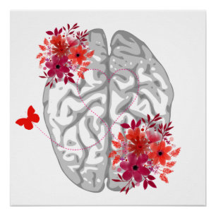 Poster Anatomie Du Cerveau Humain Avec Fleurs Rouges