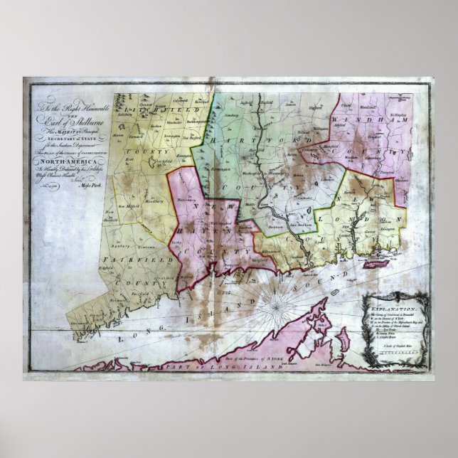 Poster Ancienne carte du Connecticut 1766 (Devant)