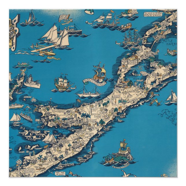 Poster Ancienne carte vintage des Bermudes (Devant)