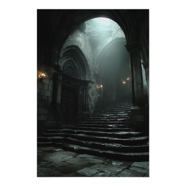 Poster Ancient Cathedral Stairway Mist Light (Devant)