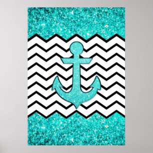 Poster ancre et chevron turquoise parties scintillant
