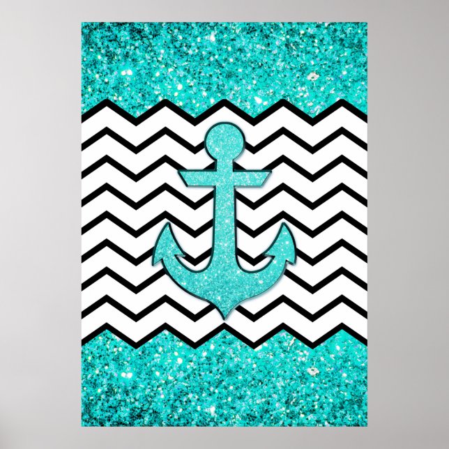 Poster ancre et chevron turquoise parties scintillant (Devant)