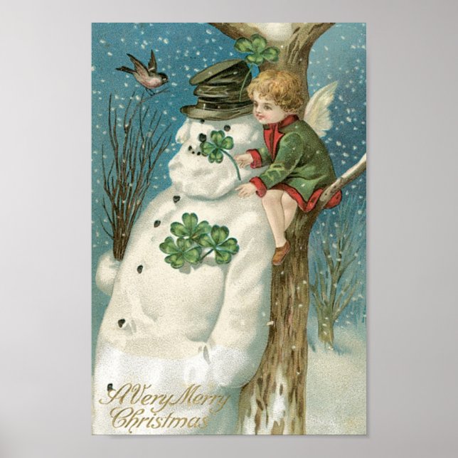 Poster Ange de Noël et bonhomme de neige (Devant)