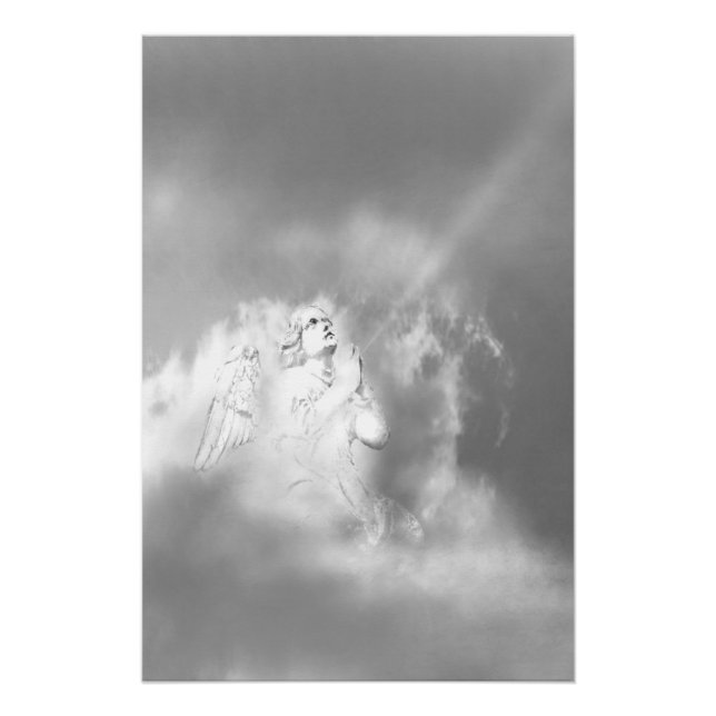 Poster  Ange noir blanc gris dans les nuages priant (Devant)