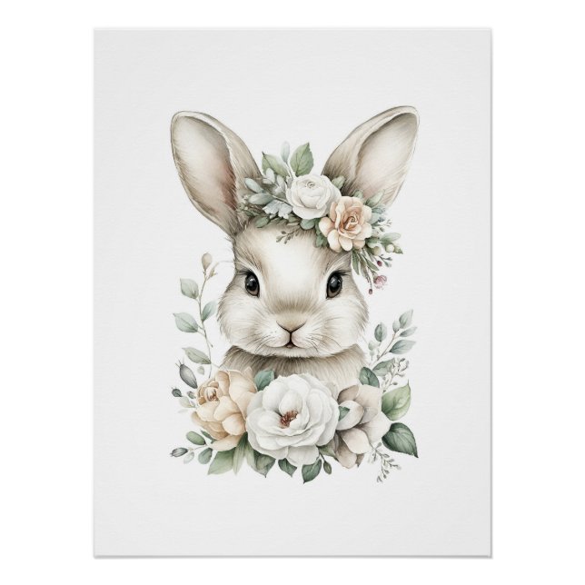 Poster Animaux Bébés Mignons à l'Aquarelle avec des Fleur (Devant)