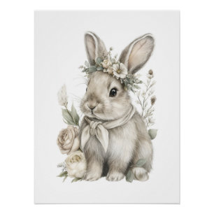 Poster Animaux Bébés Mignons à l'Aquarelle avec des Fleur