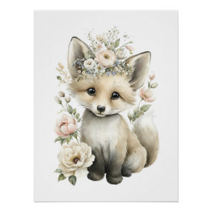 Poster Animaux Bébés Mignons à l'Aquarelle avec des Fleur