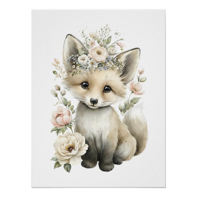 Poster Animaux Bébés Mignons à l'Aquarelle avec des Fleur (Devant)