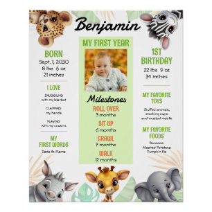 Poster Animaux de Safari 1er Anniversaire Jalons Photo