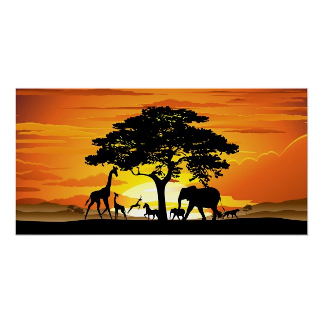Poster Animaux sauvages sur le coucher de soleil de la sa (Devant)