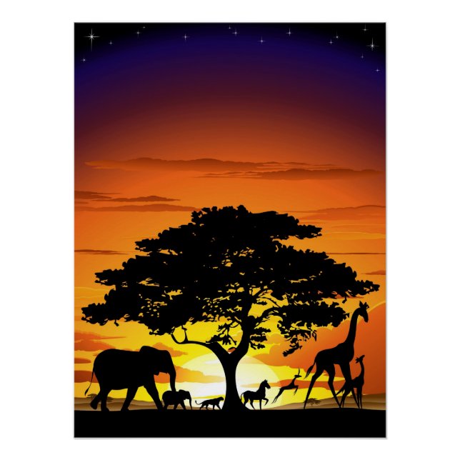 Poster Animaux sauvages sur le coucher de soleil de la sa (Devant)