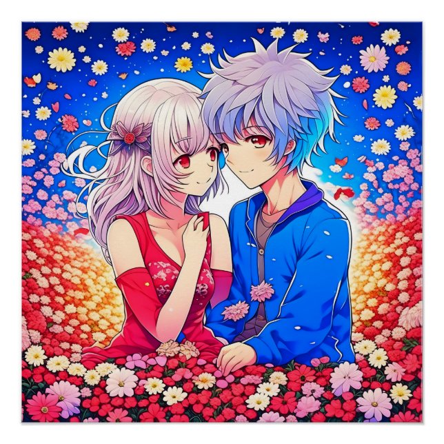 Poster Anime Couple Love Fleurs et Coeurs (Devant)