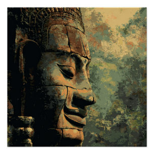 Poster Ankor Thom Cambodge Ancien Statue de la Jungle Aff