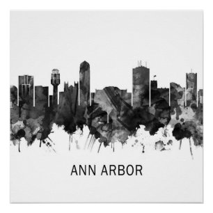 Poster Ann Arbor Michigan Skyline BW