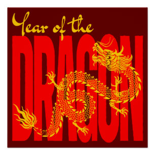 Poster Année du Dragon Rouge Or