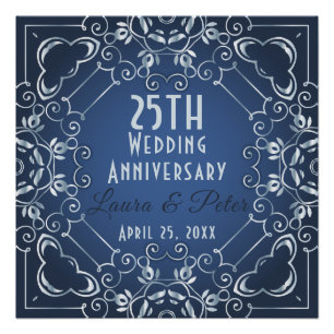 Poster Anniversaire élégant du Mariage Bleu et Argent