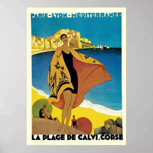 Poster Annonces Vintage voyage : La Plage de Calvi, Corse