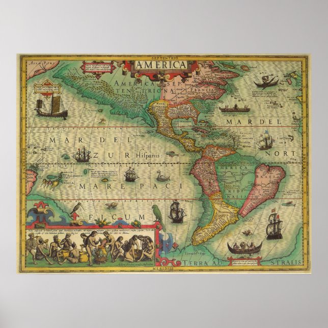 Poster Antique carte du Vieux Monde des Amériques, 1606 (Devant)
