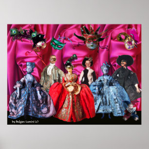 POSTER ANTIQUE ITALIENNE PUPPETS MASQUERADE COSTUME PARTI