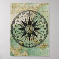 Poster Antique Nautique Compass & Map