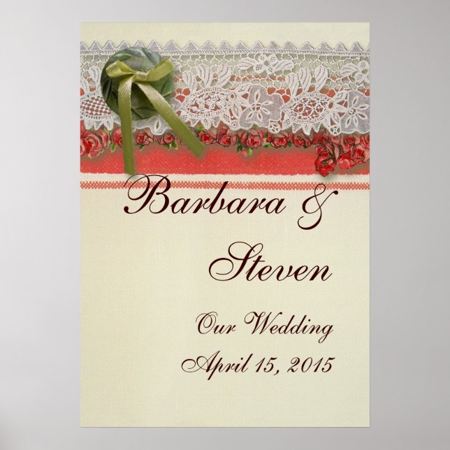 Poster Antique Rose dentelle Rustique Rouge Victorien Bur (Devant)