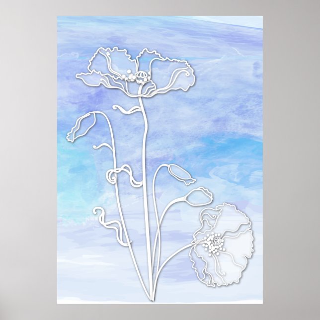 Poster Aquarelle Abstraite bleue et pavots (Devant)