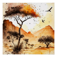 Aquarelle africaine Safari coucher de soleil avec