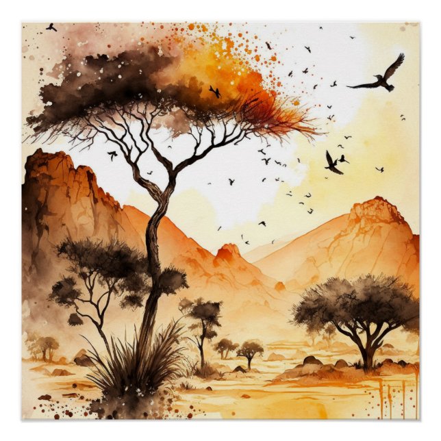 Poster Aquarelle africaine Safari coucher de soleil avec  (Devant)