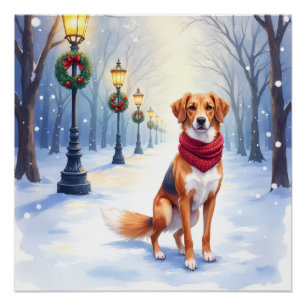 Poster Aquarelle American Foxhound Lampadaire enneigé