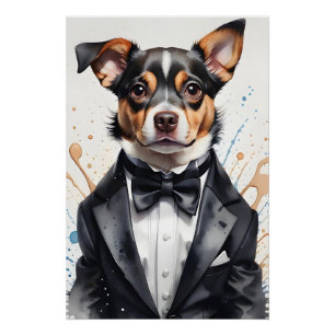 Poster Aquarelle Art mignon chien Tuxedo Black Bow Cravat