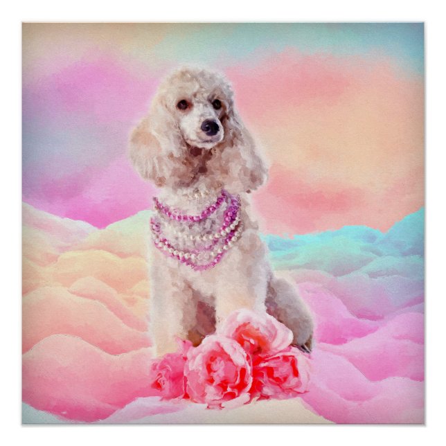 Poster Aquarelle art numérique Poodle avec fleurs (Devant)