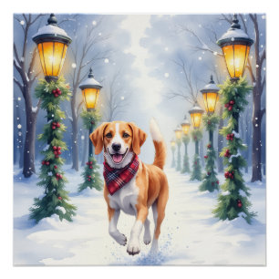 Poster Aquarelle Beagle Parc enneigé Noël Fêtes de fin d'