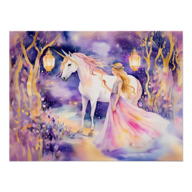 Poster Aquarelle Belle princesse et licorne (Devant)