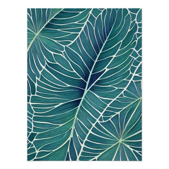 Poster Aquarelle Bleu Vert Turquoise Feuilles tropicaux (Devant)
