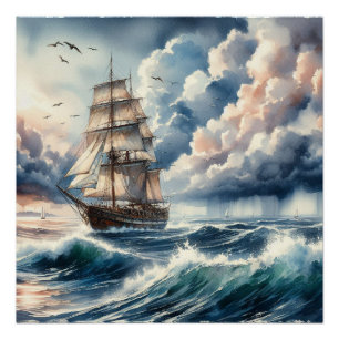 Poster Aquarelle Blue Ocean Wave Boat